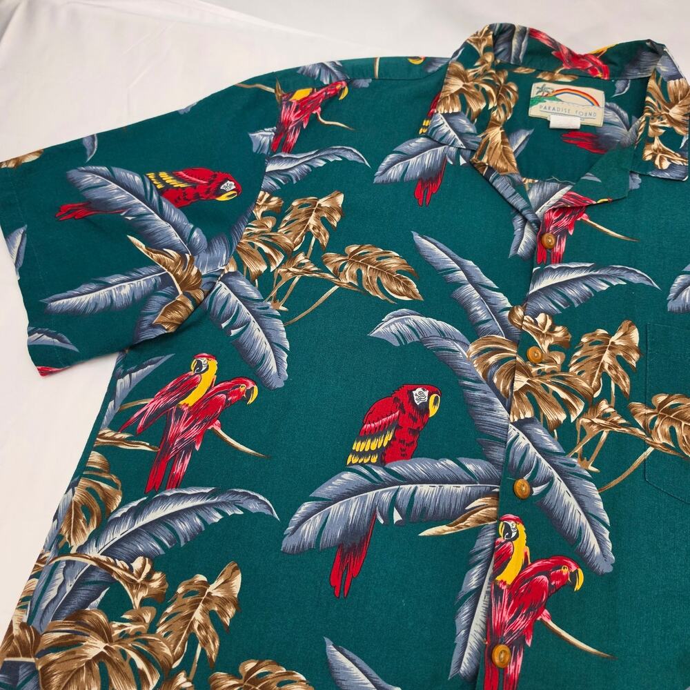 Paradise Found Hawaii Shirt Mens L Green Parrot Macaw Tropical Camp Aloha USA